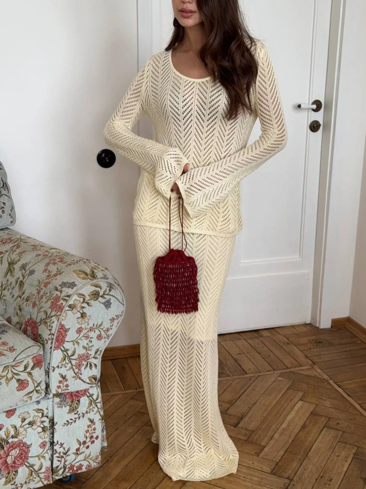 Openwork weave detail of knit set