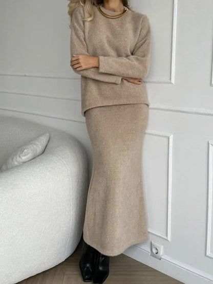 Round Neck Dropped Shoulder Top and Midi Skirt Sweater Set Tan One Size - Fashorio