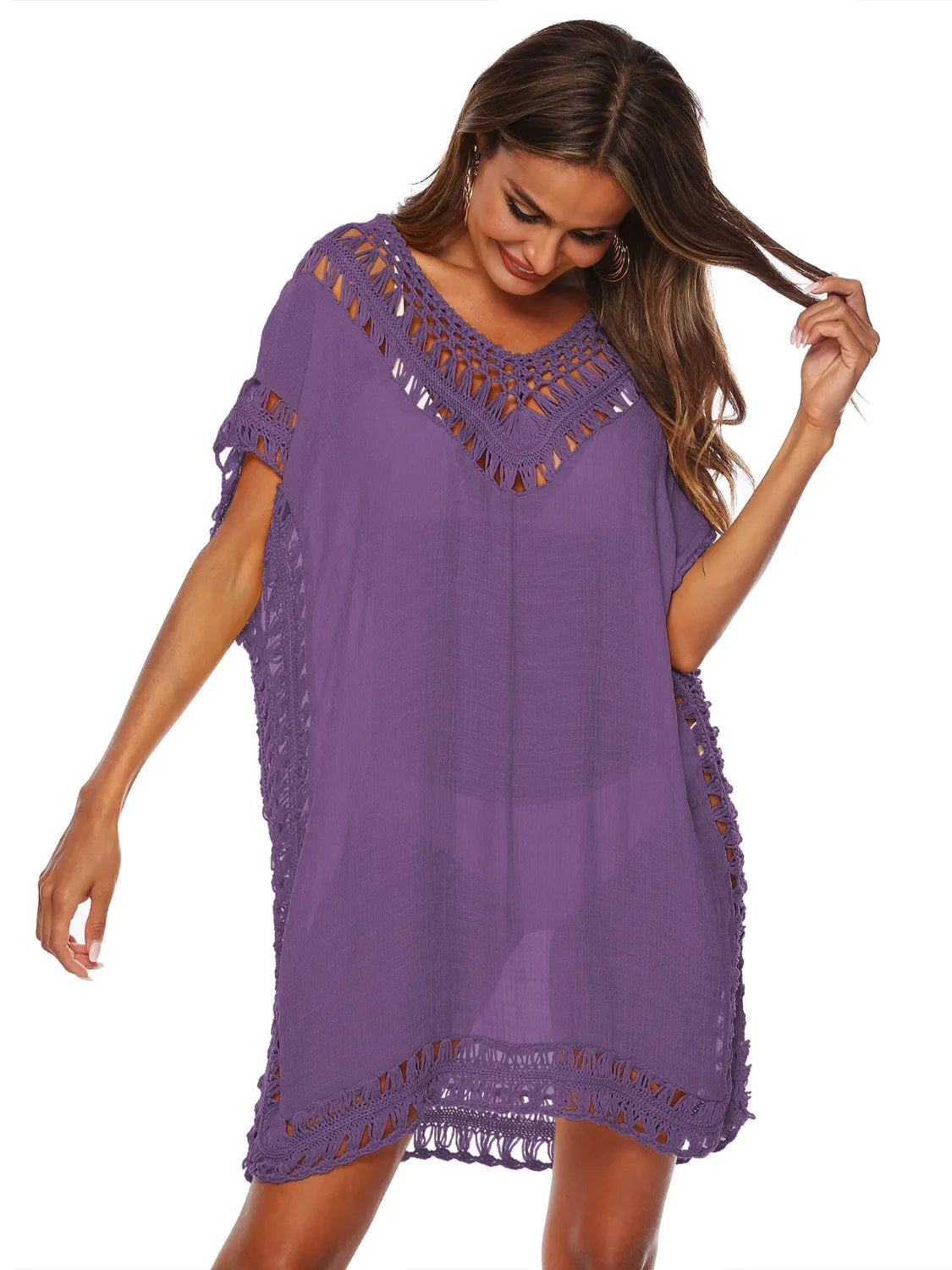 Bohemian Crochet Trim Beach Cover Up Dress Mauve One Size - Fashorio