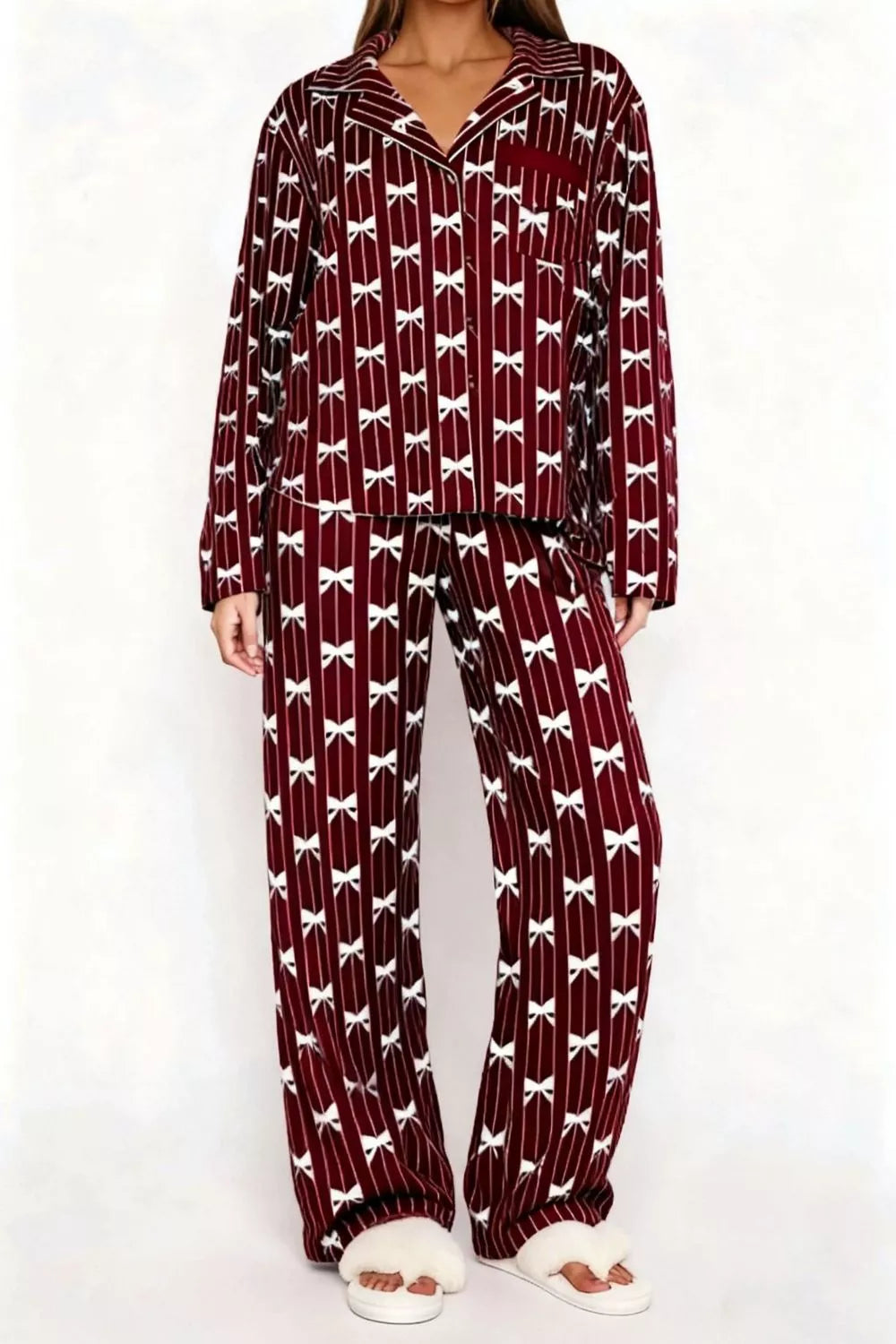 Bow Print Top and Wide Leg Pants Lounge Set, view 12