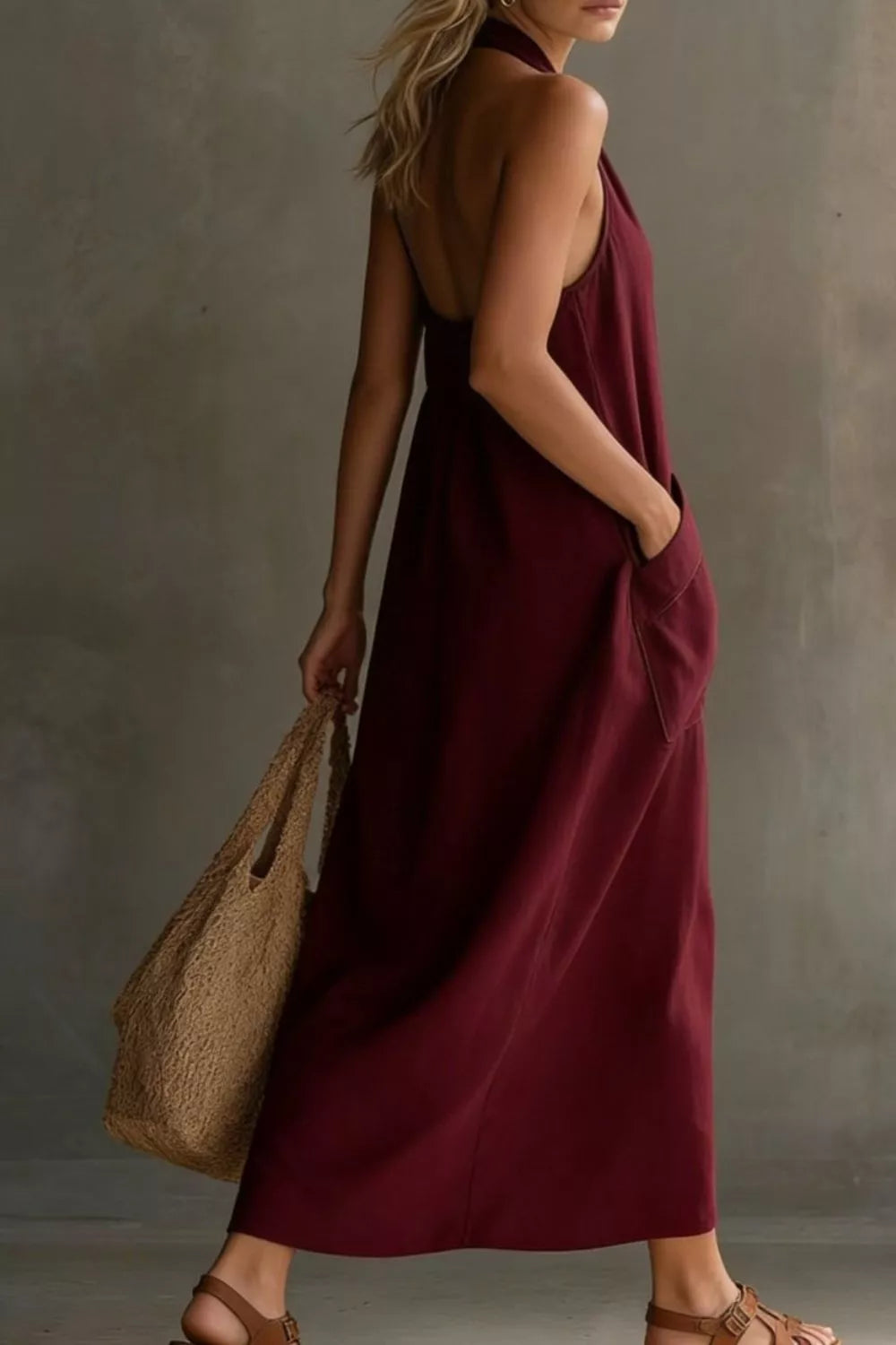Halter neck pocket midi dress, side view