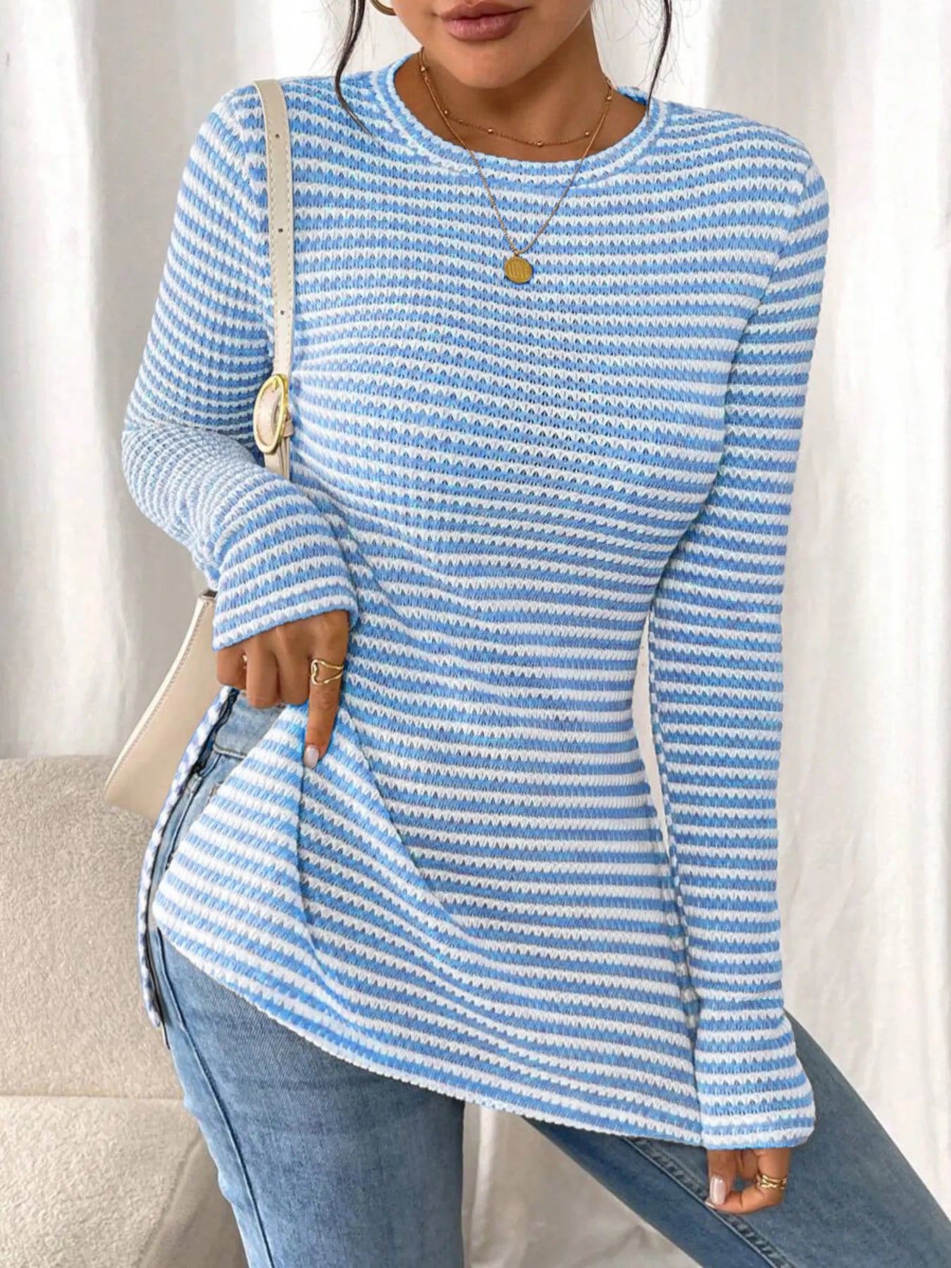 Side Slit Striped Long Sleeve T-Shirt - Fashorio
