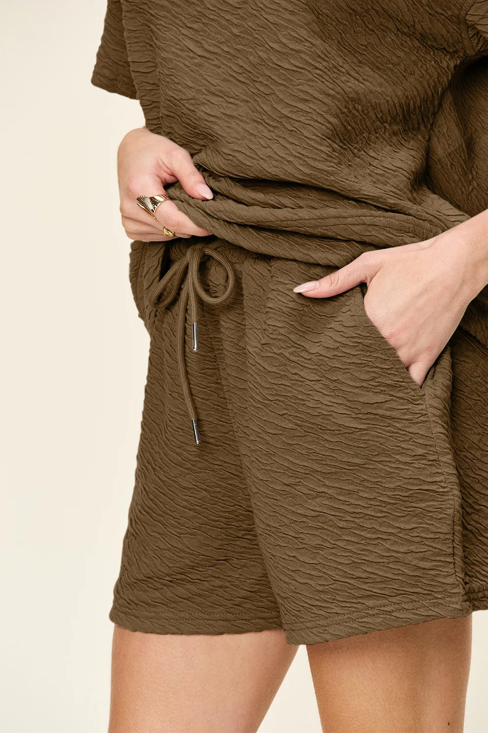 Double Take Full Size Texture Short Sleeve T-Shirt and Drawstring Shorts Set - Fashorio