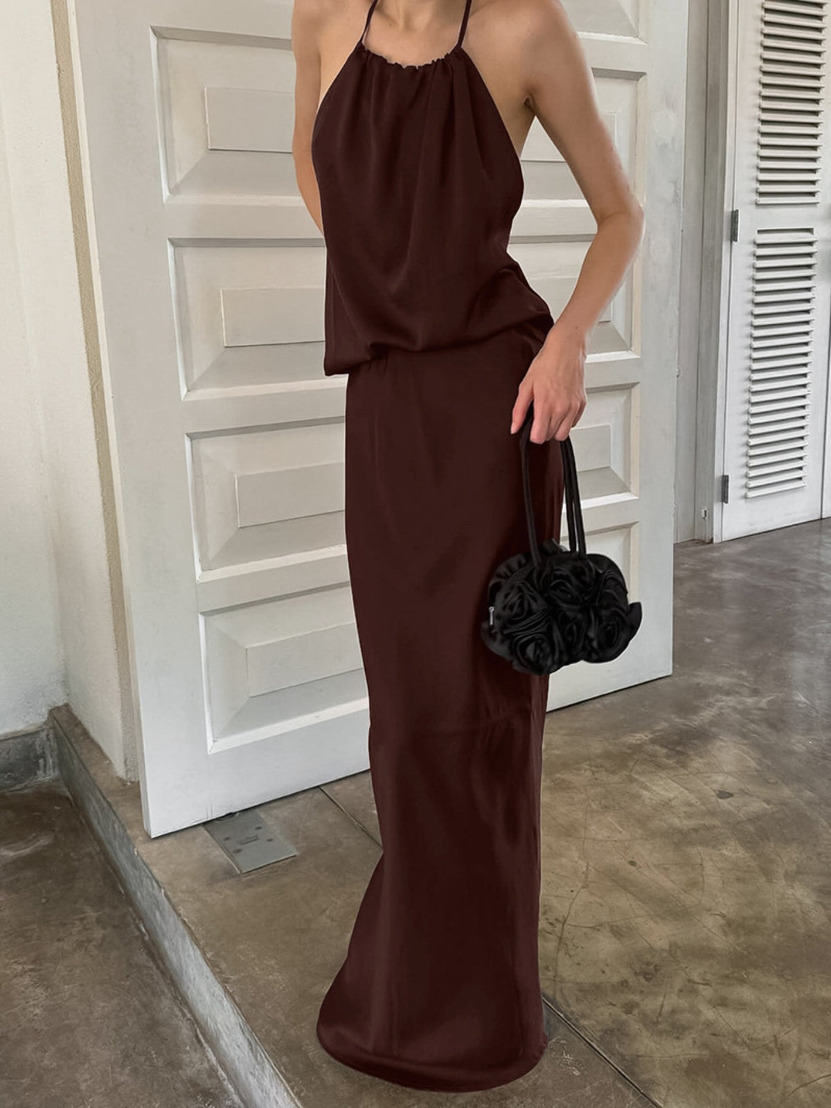 brown backless halter neck maxi dress back view