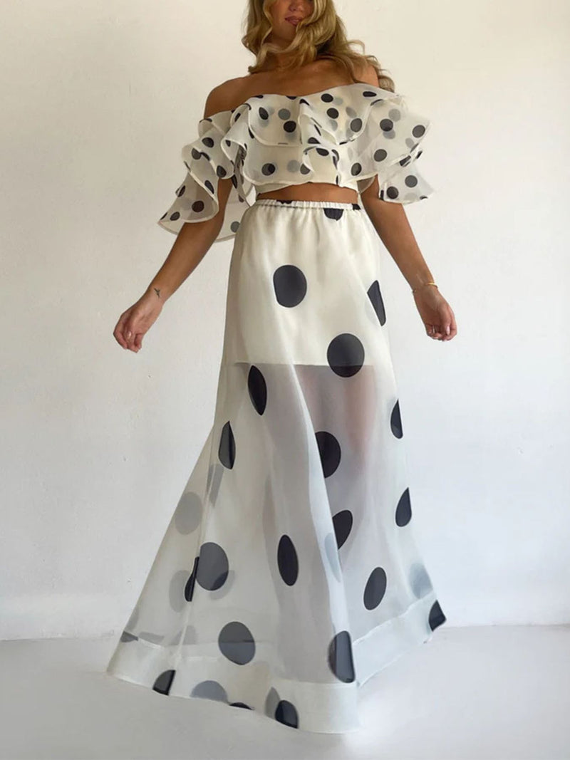 Polka dot ruffle crop top and maxi skirt set front view