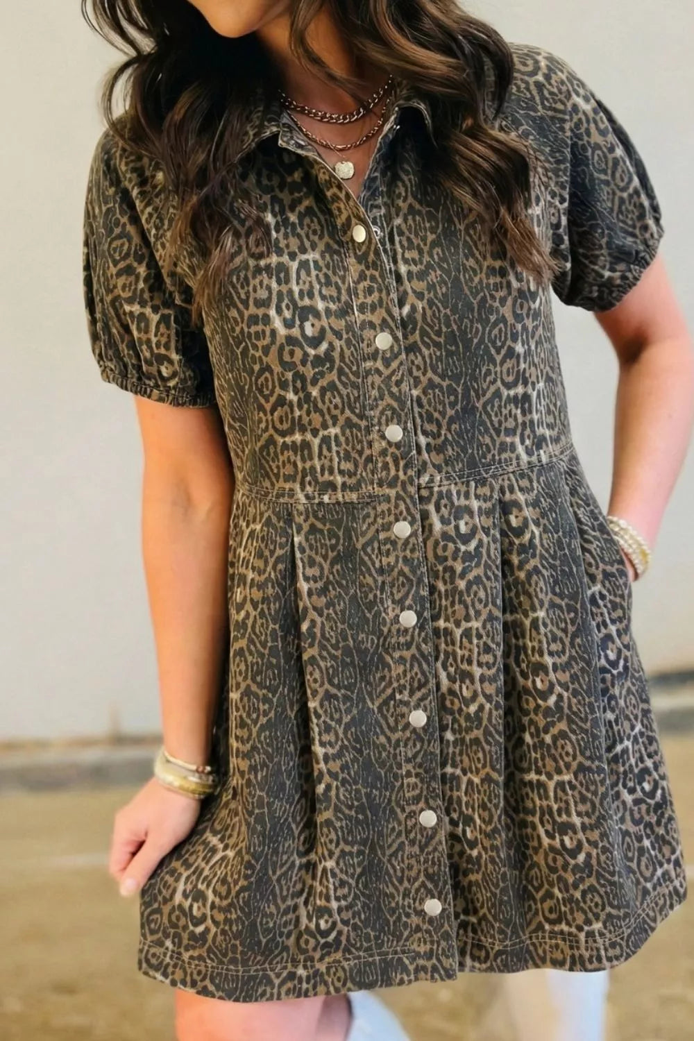 Leopard print puff sleeve denim mini dress front view