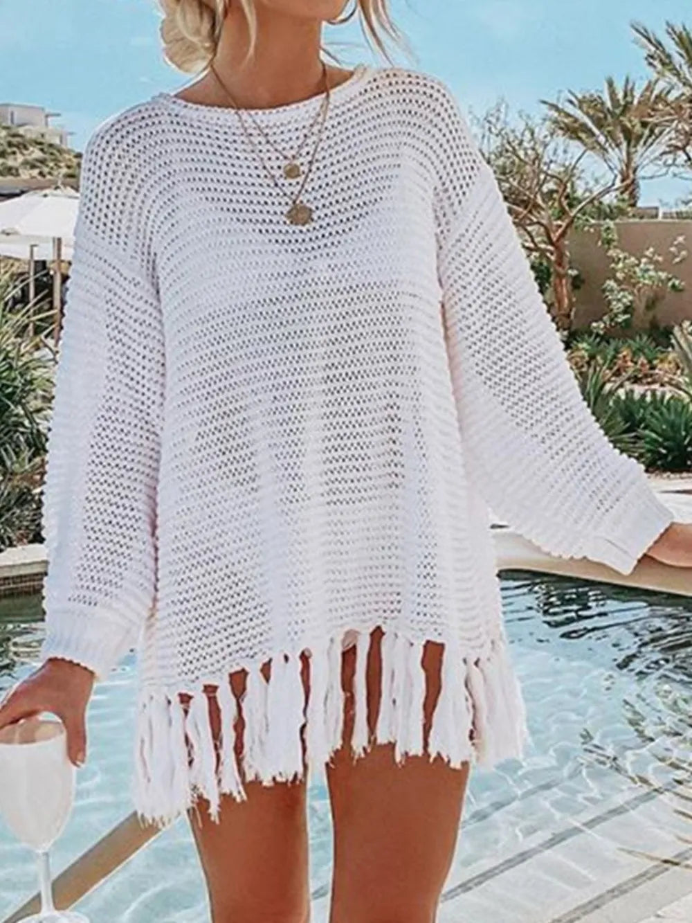 Angel wings tassel hem knit kimono cover up front