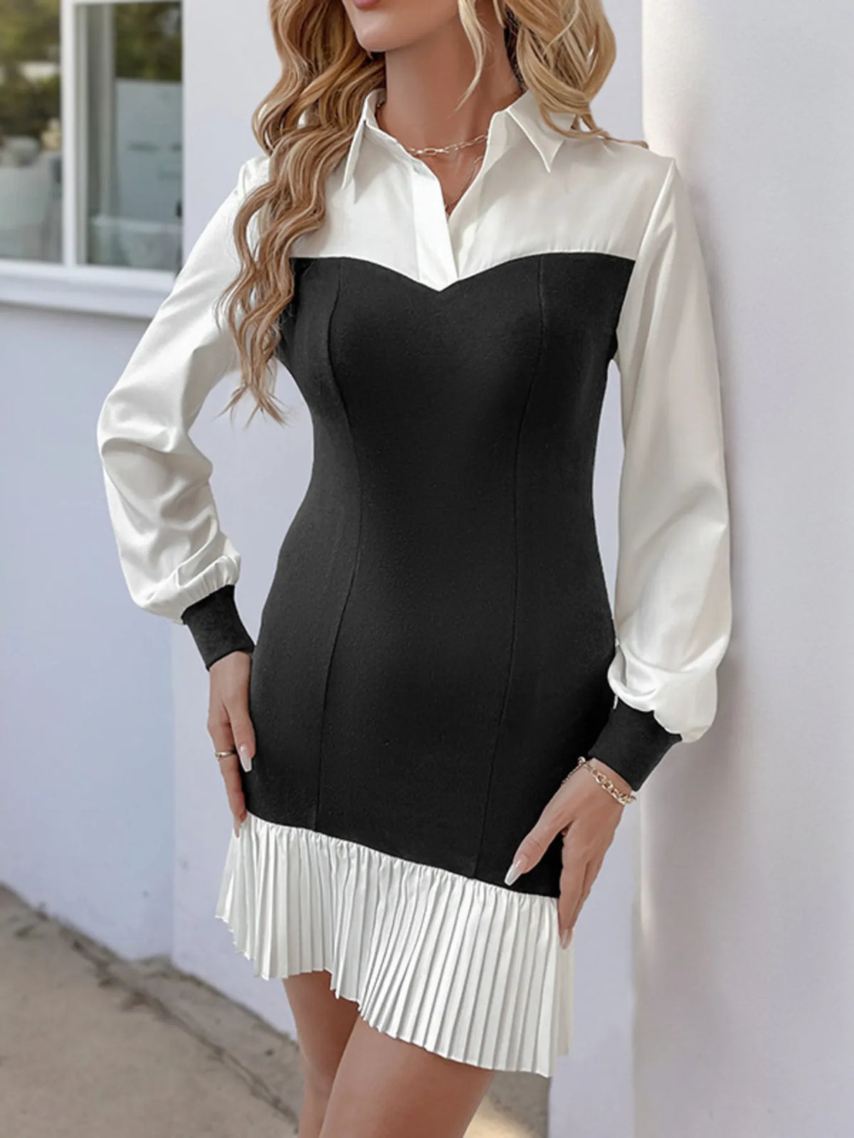 Two Tone Pleated Long Sleeve Shirt Dress side view