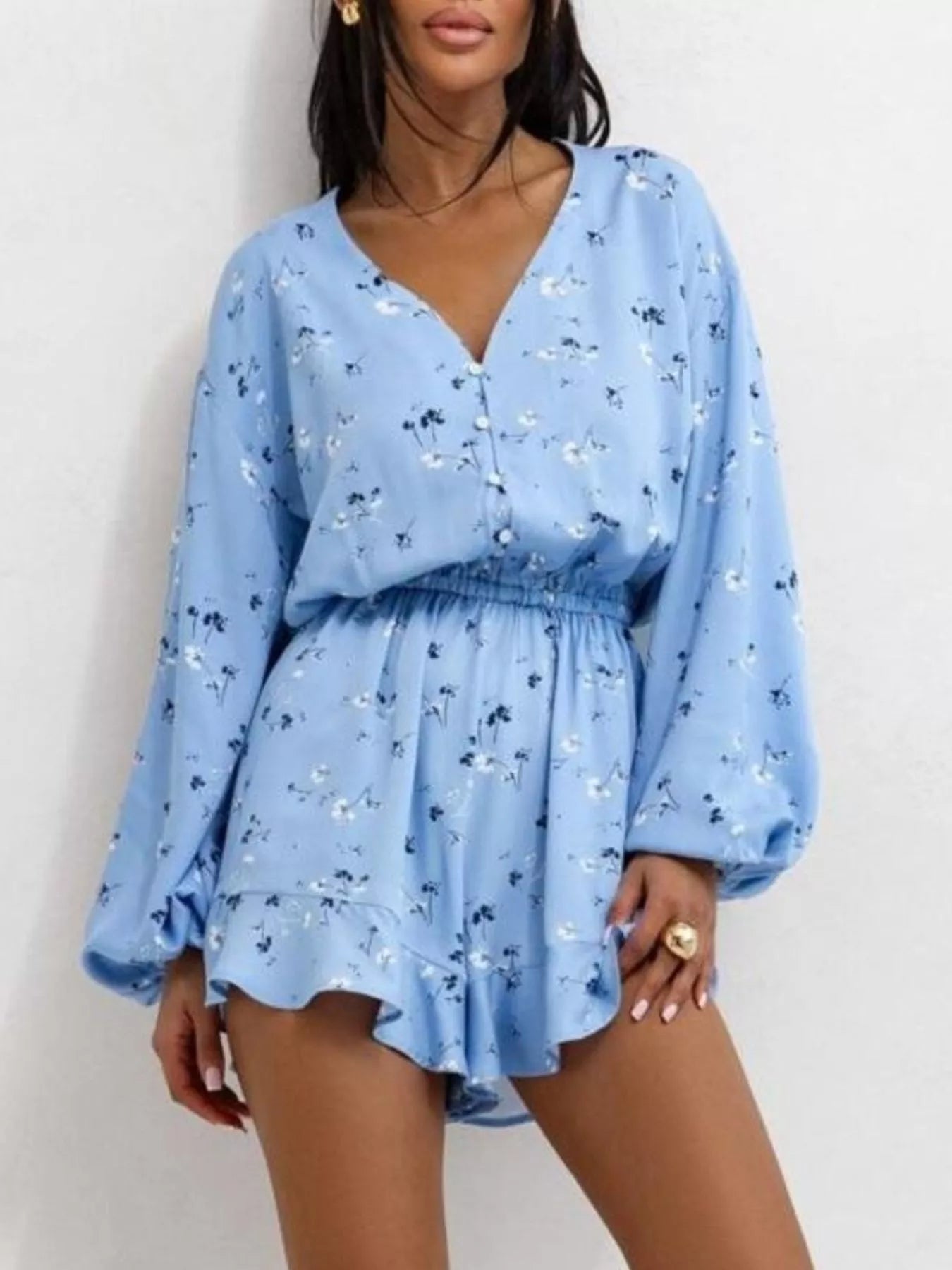 Floral V-Neck Long Sleeve Romper with Elastic Waist - Fashorio