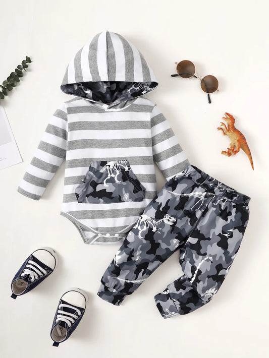 Children's Striped Hooded Bodysuit and Camouflage Pants Set Dark Gray - Fashorio
