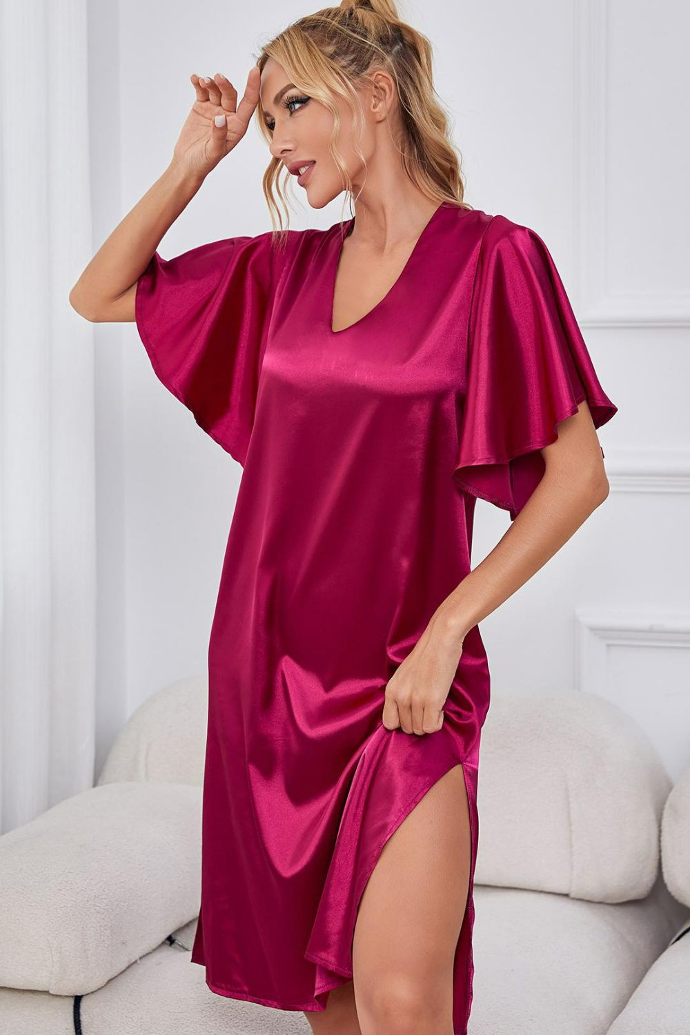 Satin Flutter Sleeve Side Slit V-Neck Night Dress - Fashorio