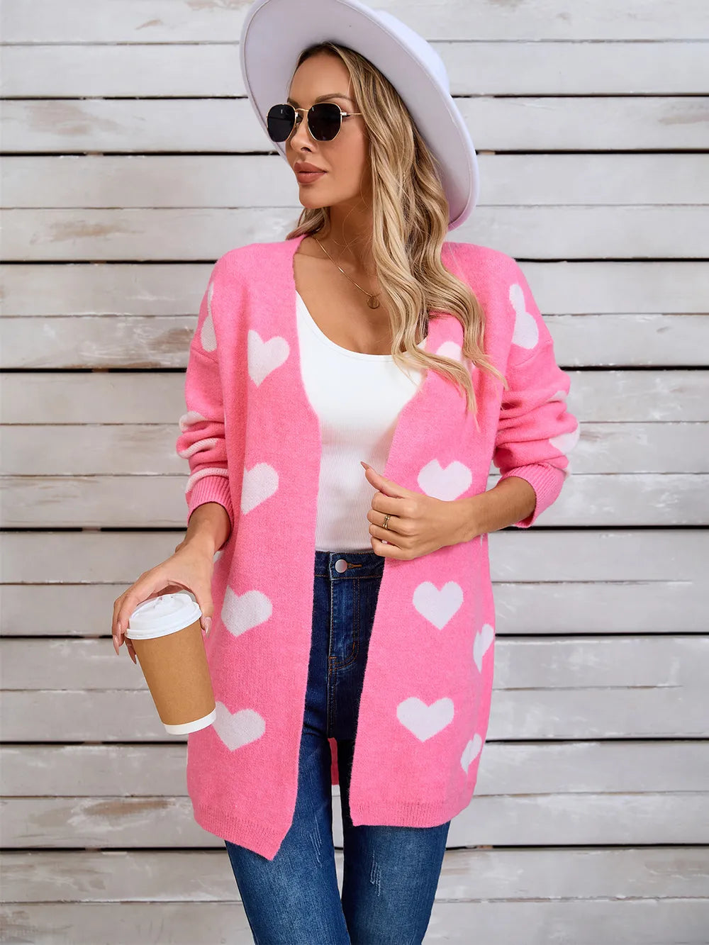 Angel Wings Heart Open Front Long Sleeve Cardigan Pink - Fashorio