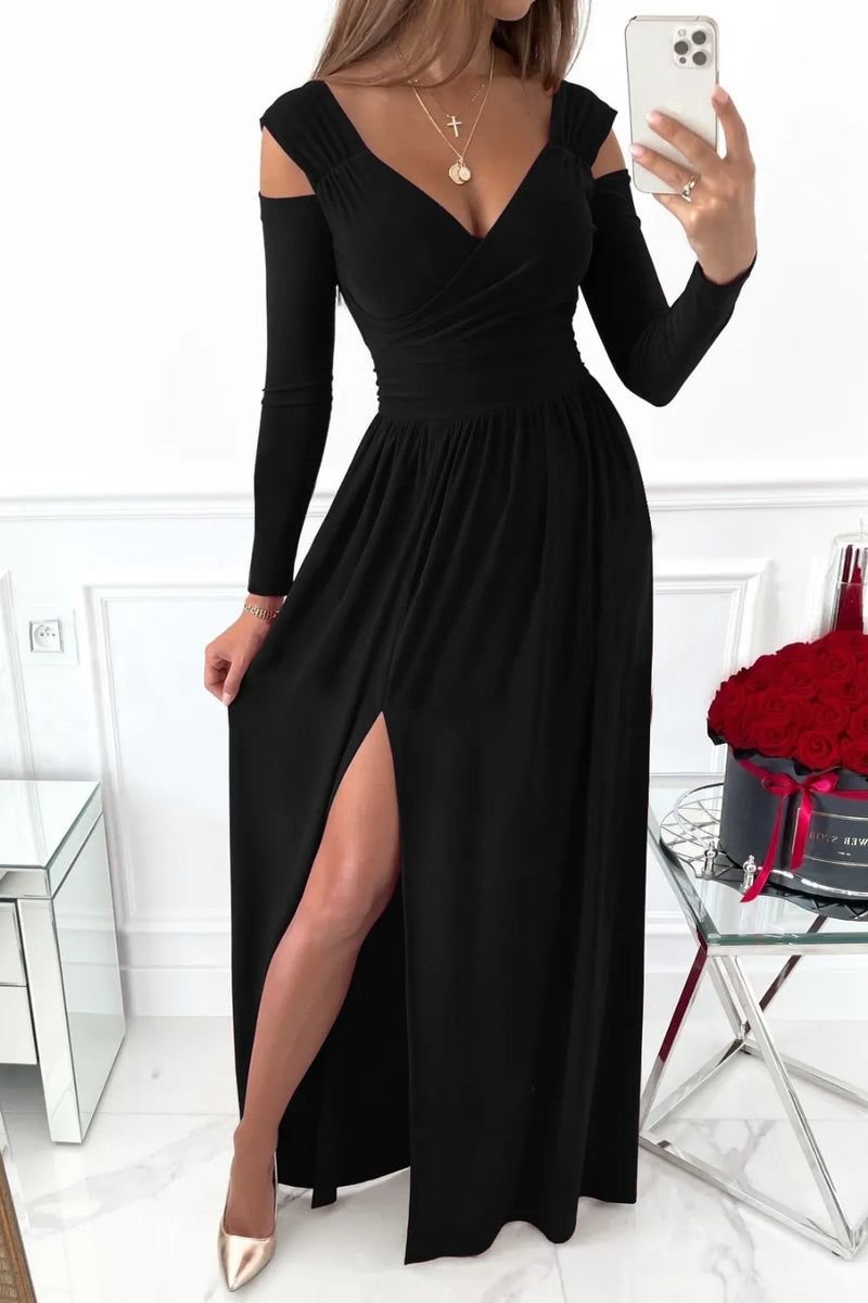 Slit surplice long sleeve maxi dress front view