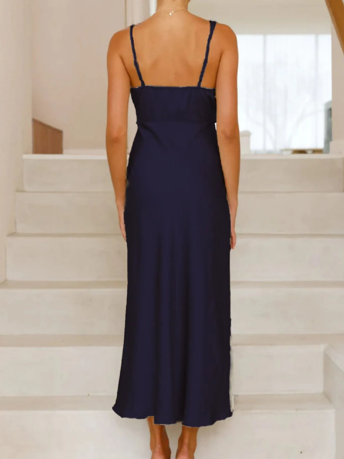 satin asymmetrical midi dress styled full length look