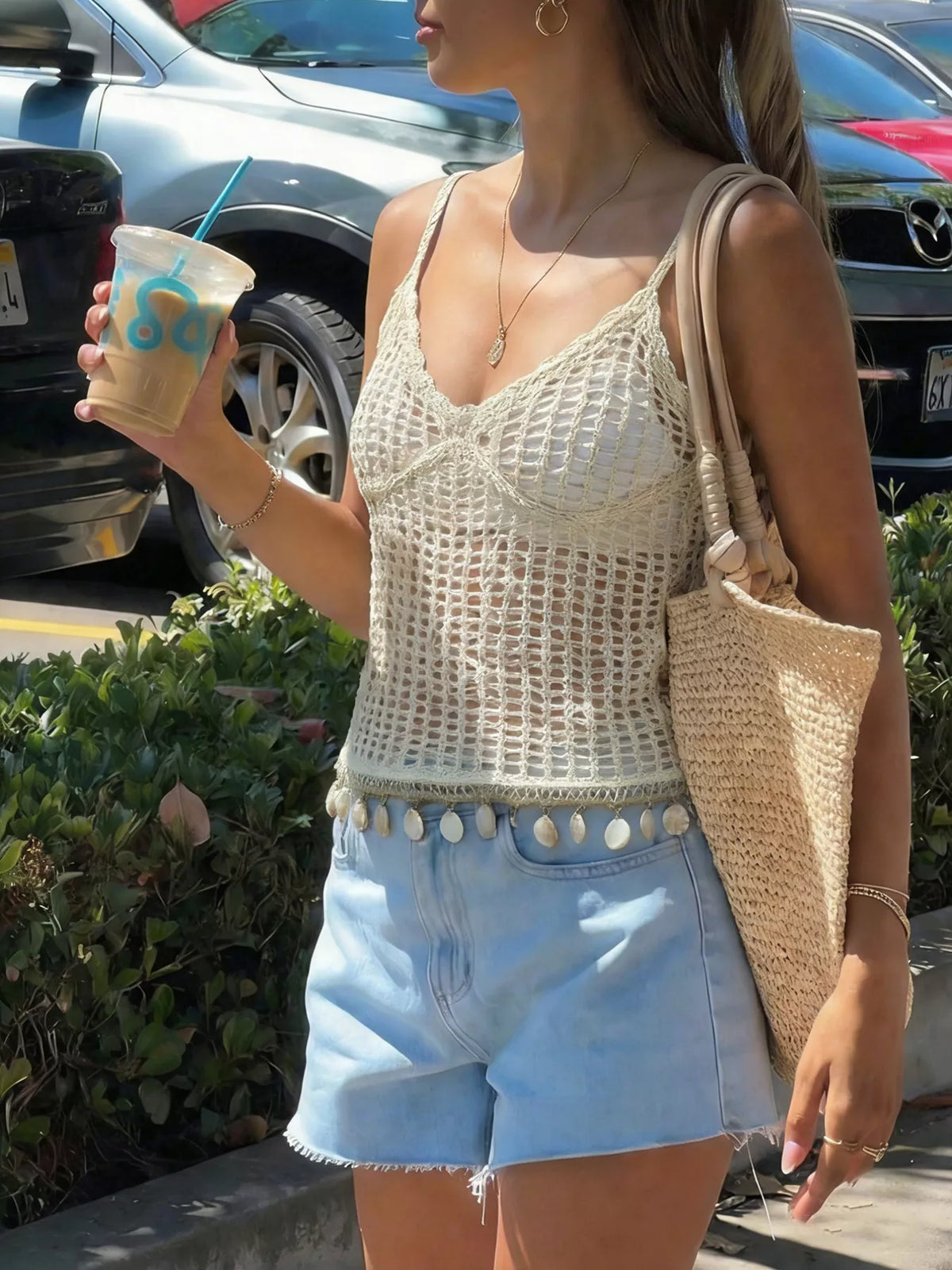 Crochet Knit Shell Hem Cami Top front view