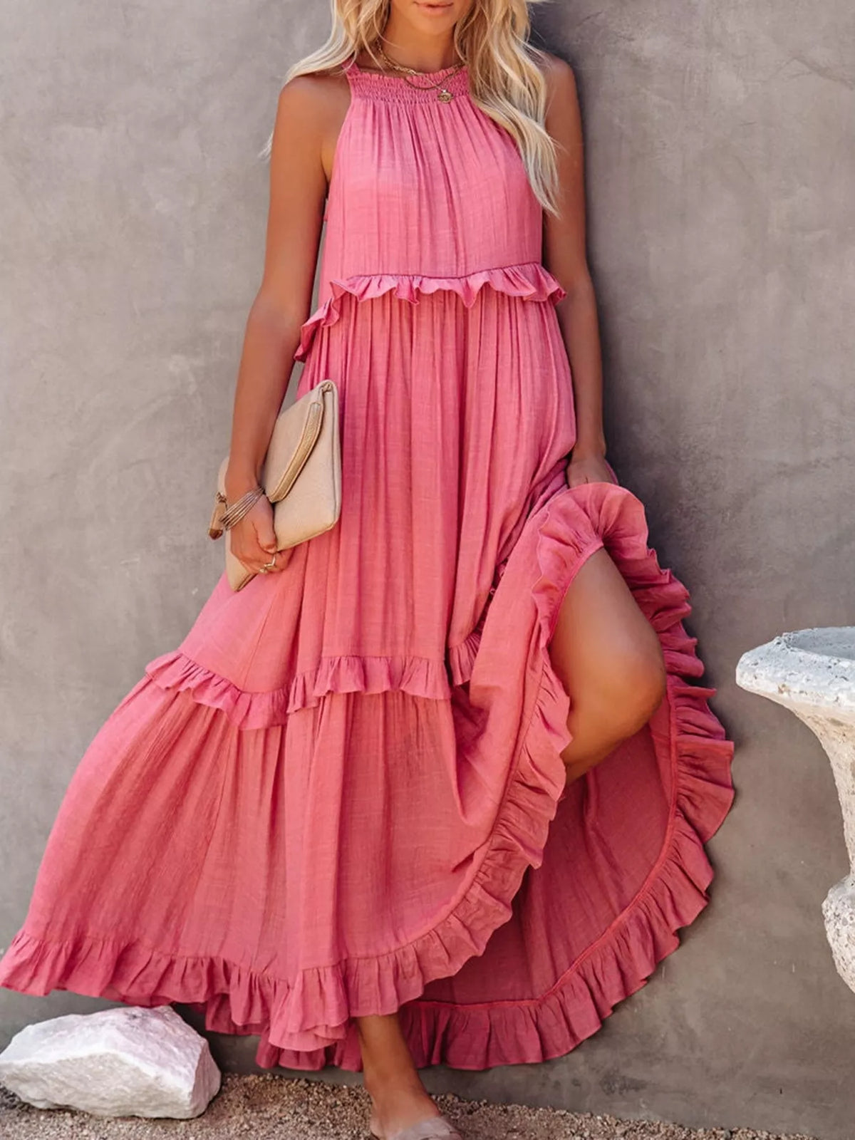 Ruffled tiered sleeveless maxi dress side view