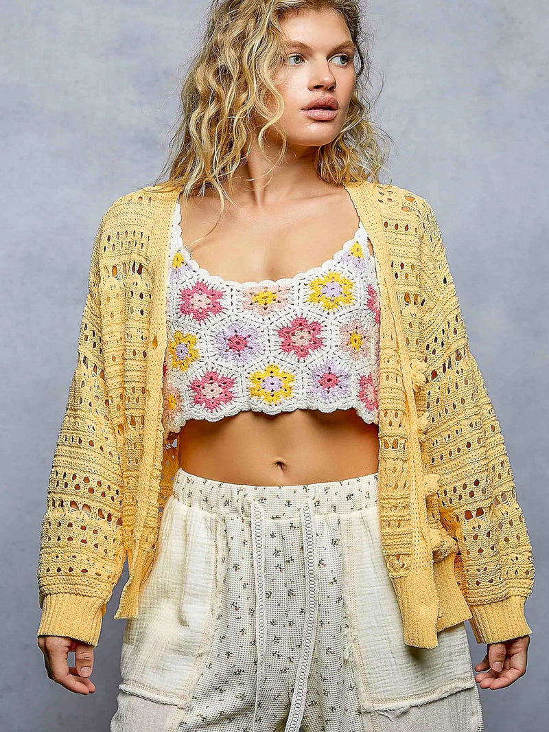 Yellow floral button open knit cardigan front view