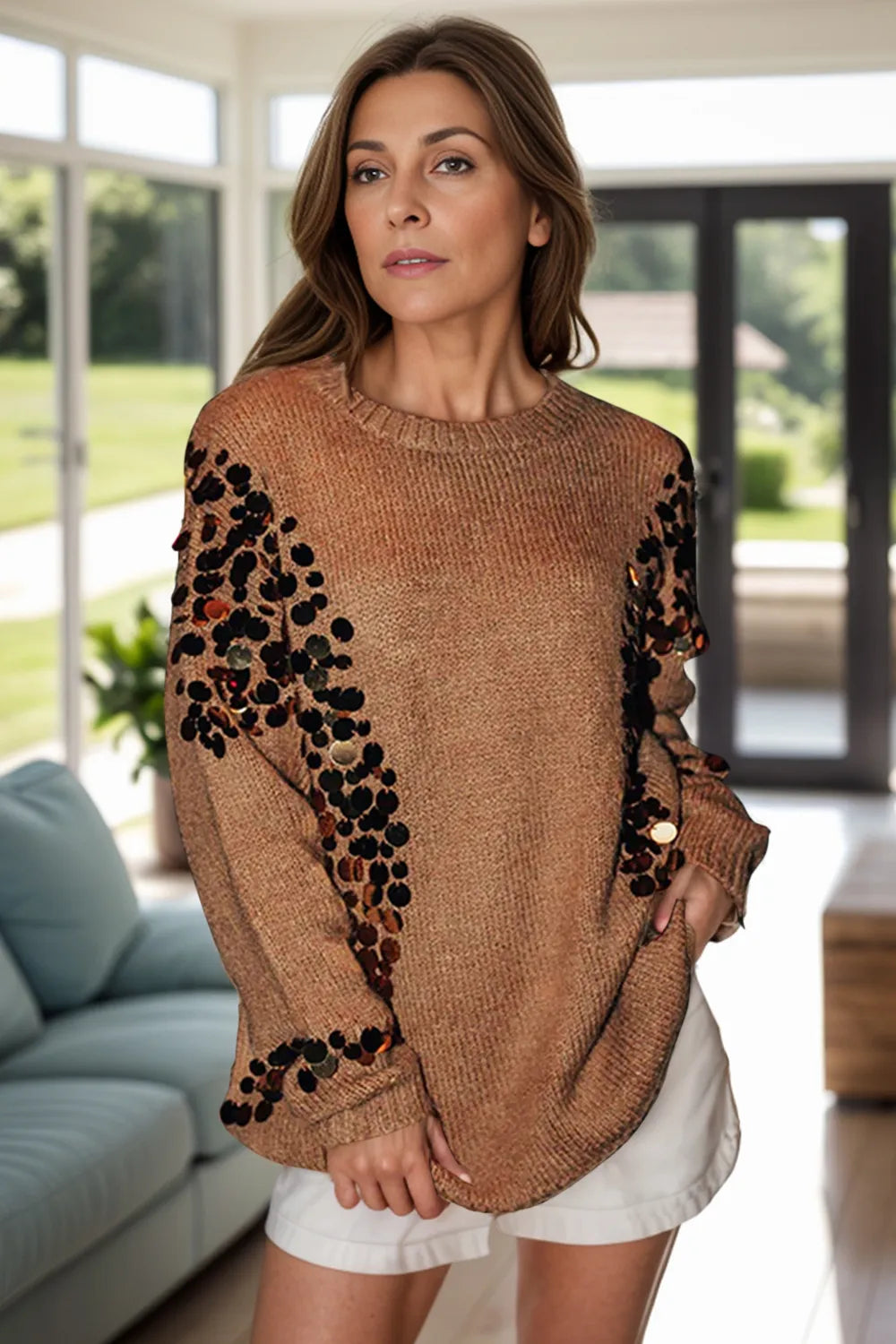 Sequin Round Neck Long Sleeve Sweater detail