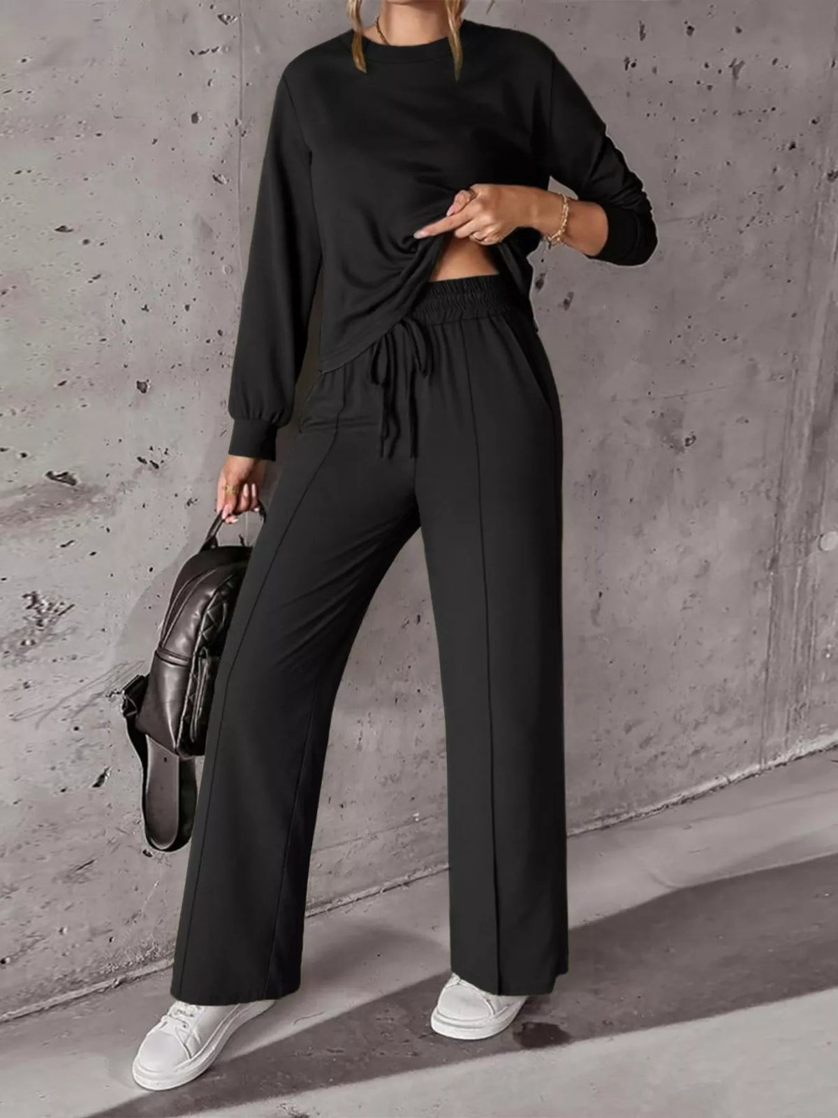Long sleeve top and wide leg pants set front