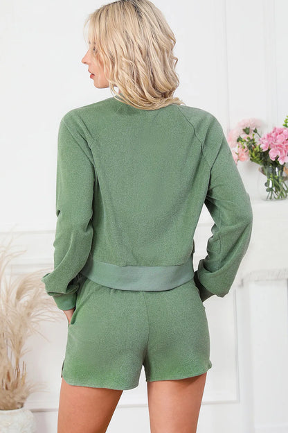 Round Neck Long Sleeve Top and Drawstring Shorts Lounge Set - Fashorio