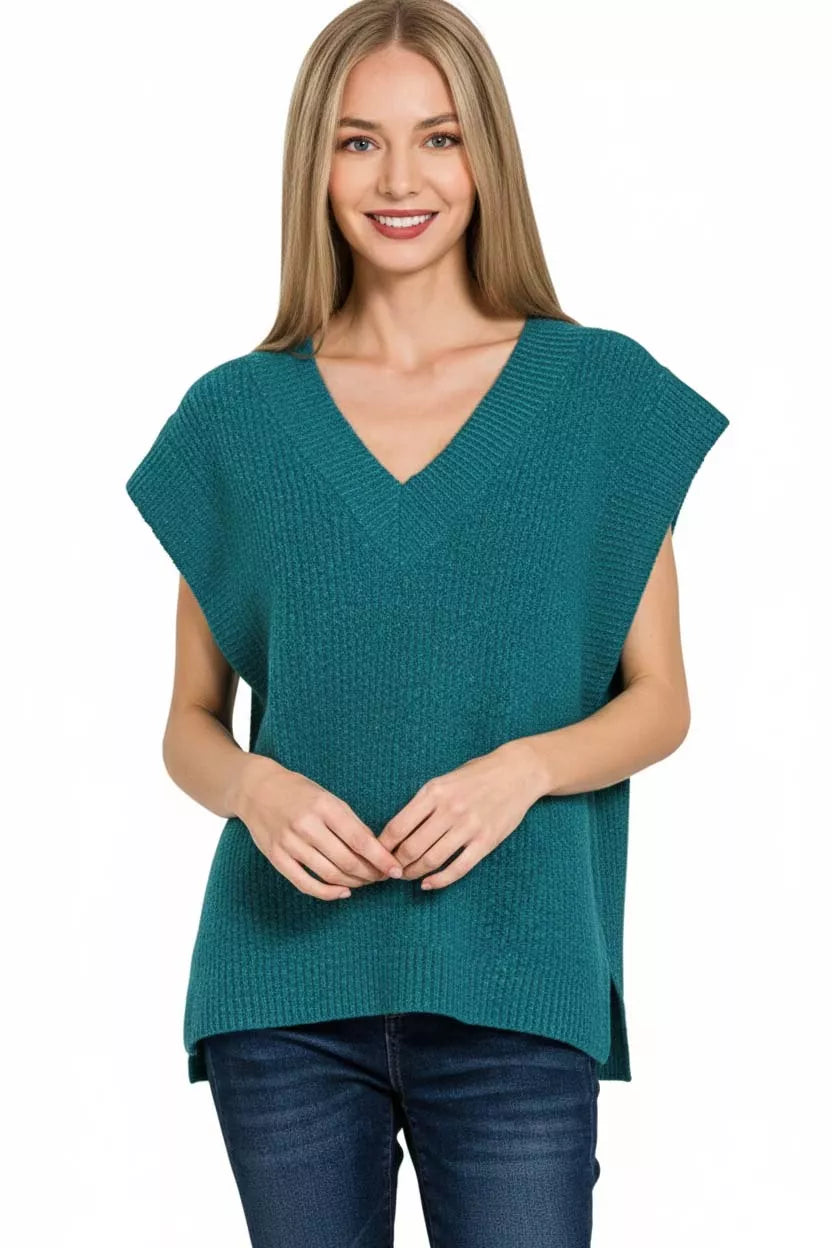 Ribbed Side Slit V Neck Sweater Vest in Teal back view