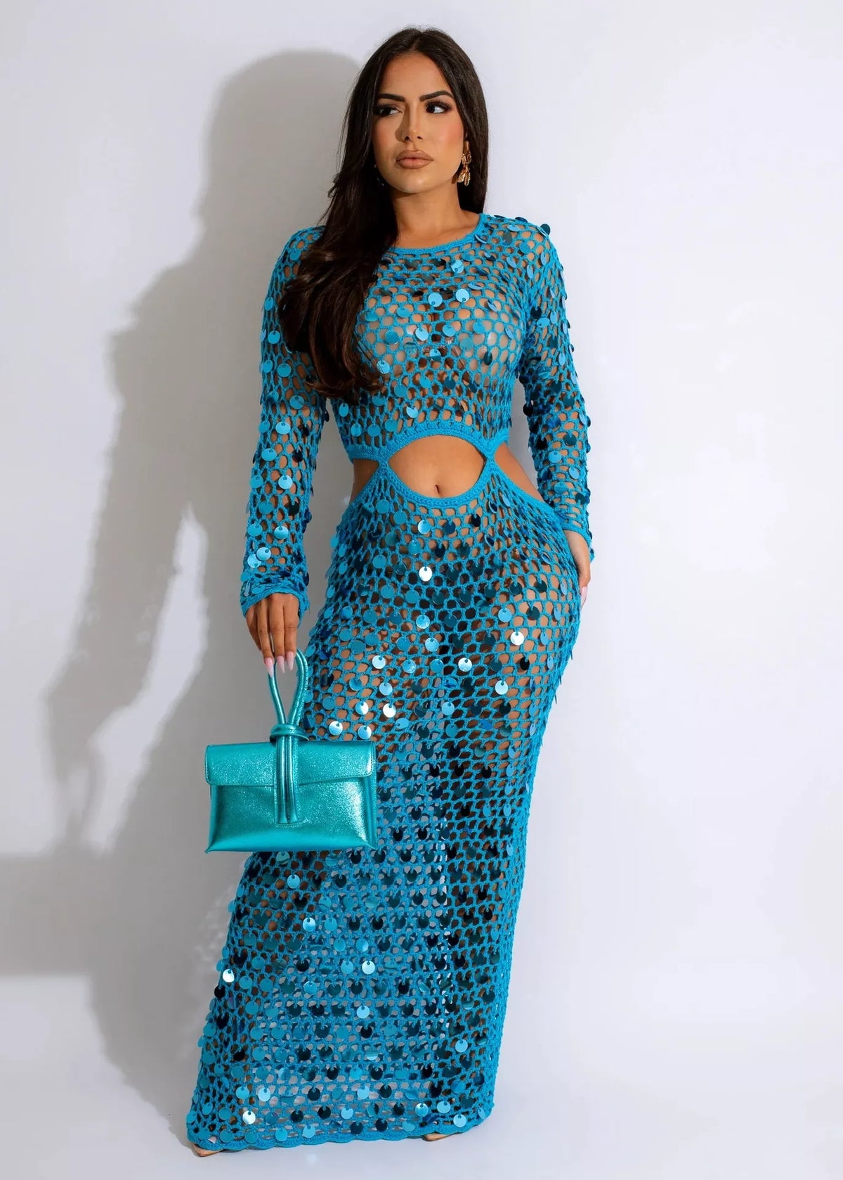 Sequin mesh cutout maxi dress front view