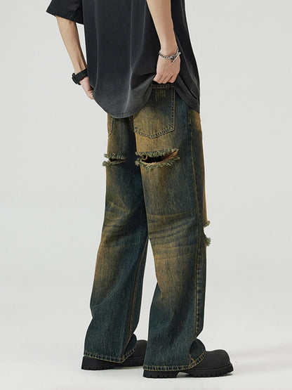 Men's Full Size Washed Distressed Wide Leg Jeans Plus Size - Fashorio