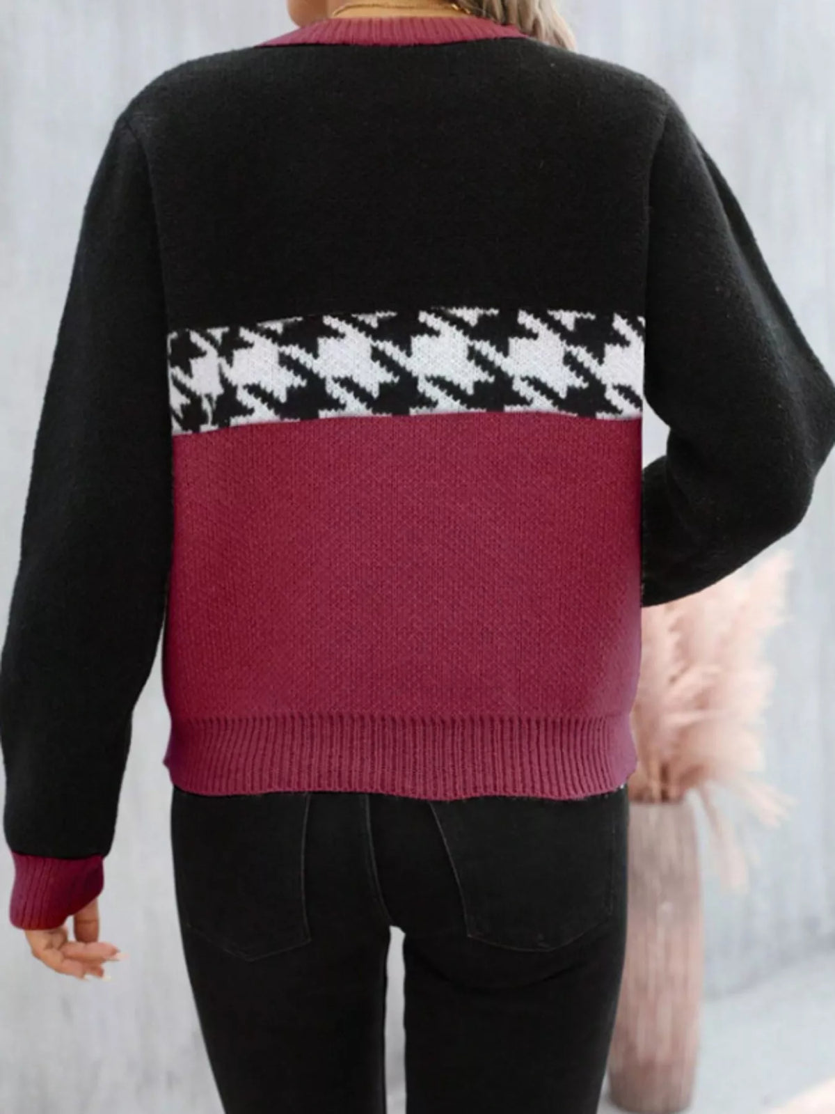 color block houndstooth sweater flat lay view