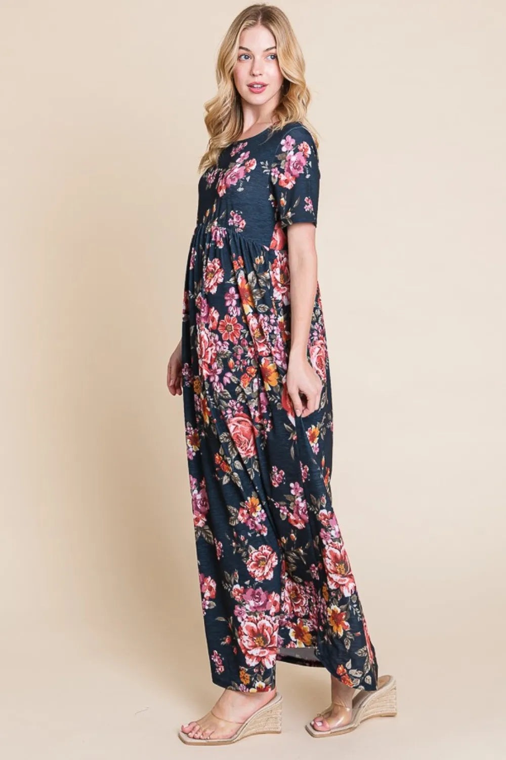 floral short sleeve maxi dress back view