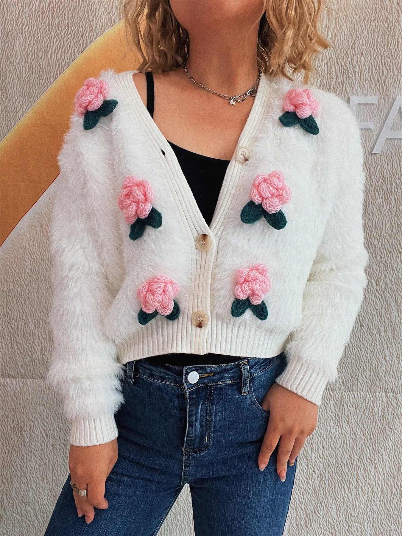 Flower Fuzzy Button-Up Cardigan - Fashorio