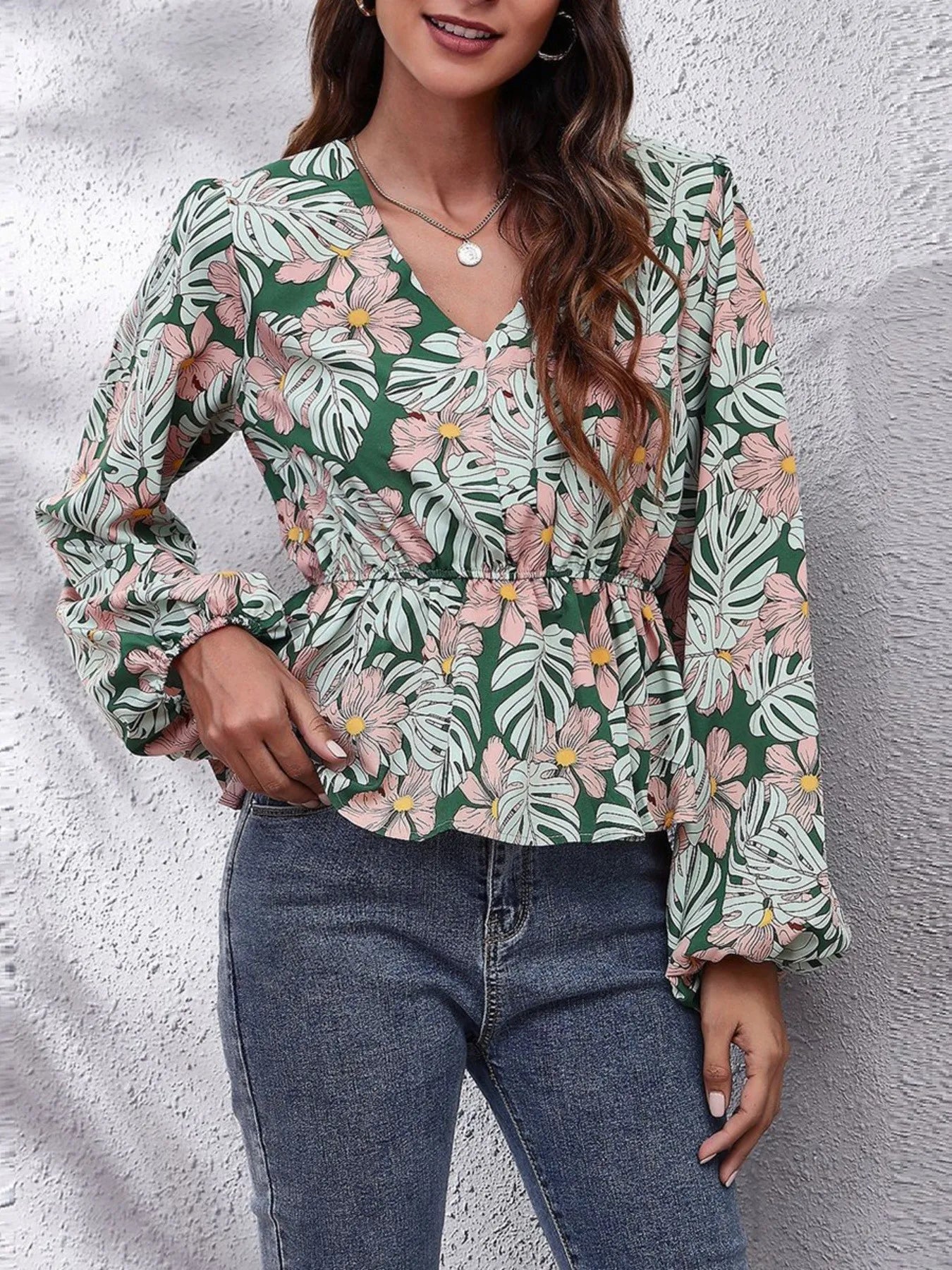 Floral V-Neck Balloon Sleeve Blouse - Fashorio