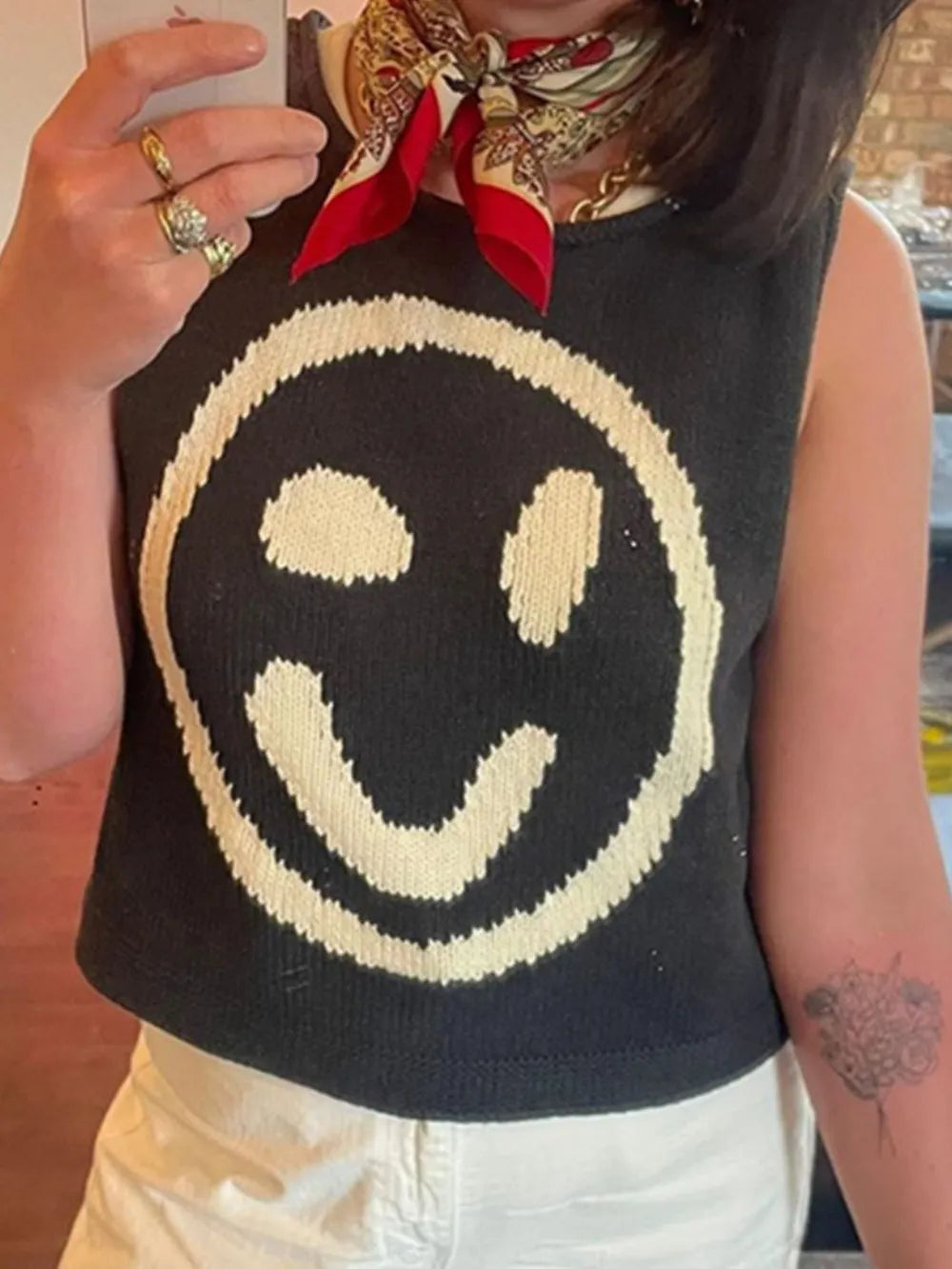 Smiley Face Round Neck Sweater Vest in Mustard view 10