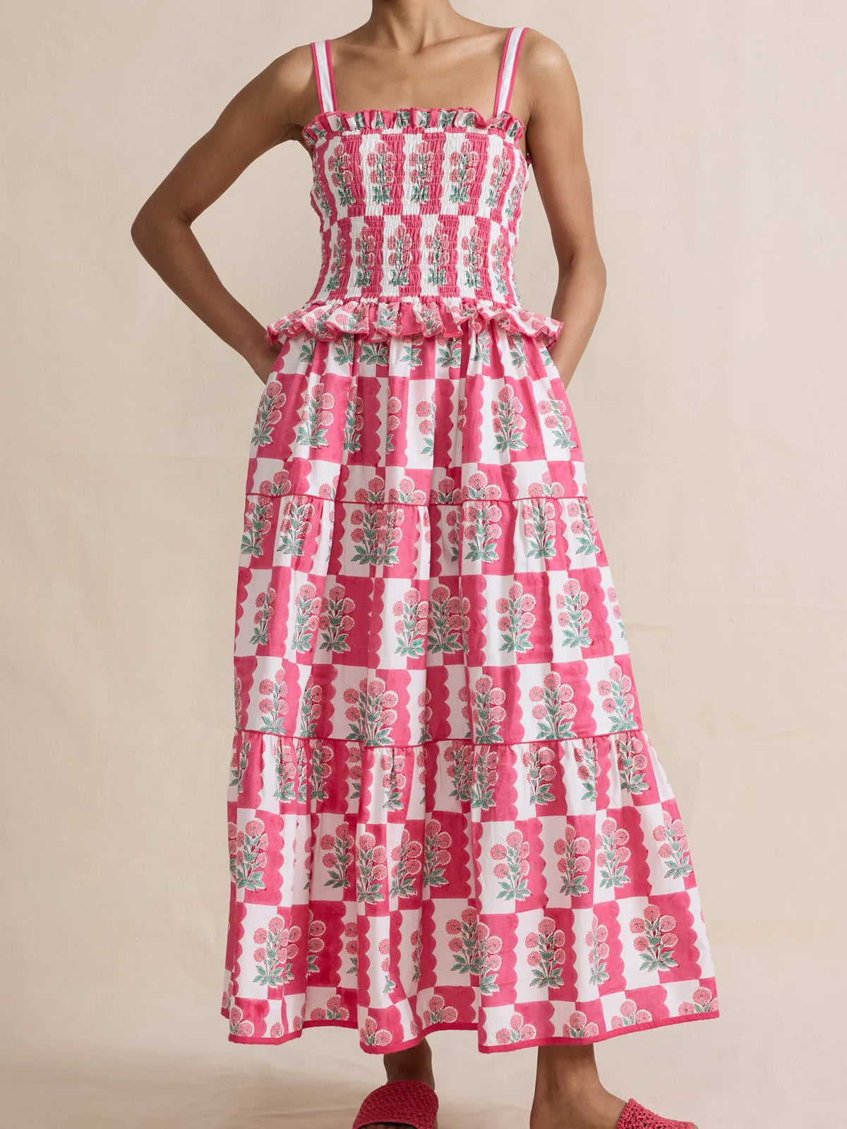 smocked ruffle square neck maxi dress hem detail