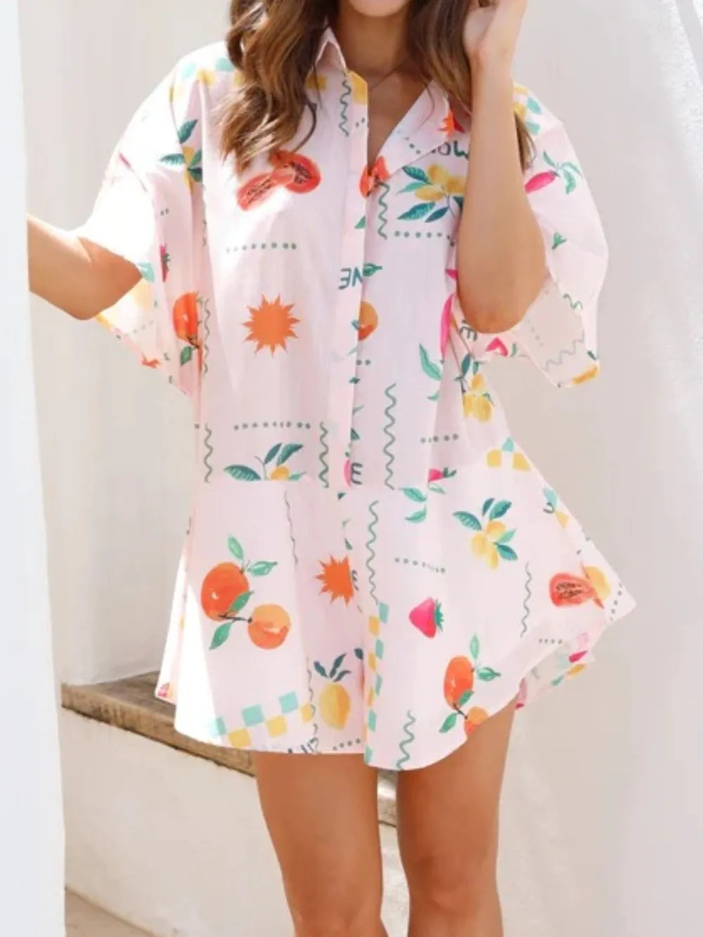 Collared romper print fabric close up