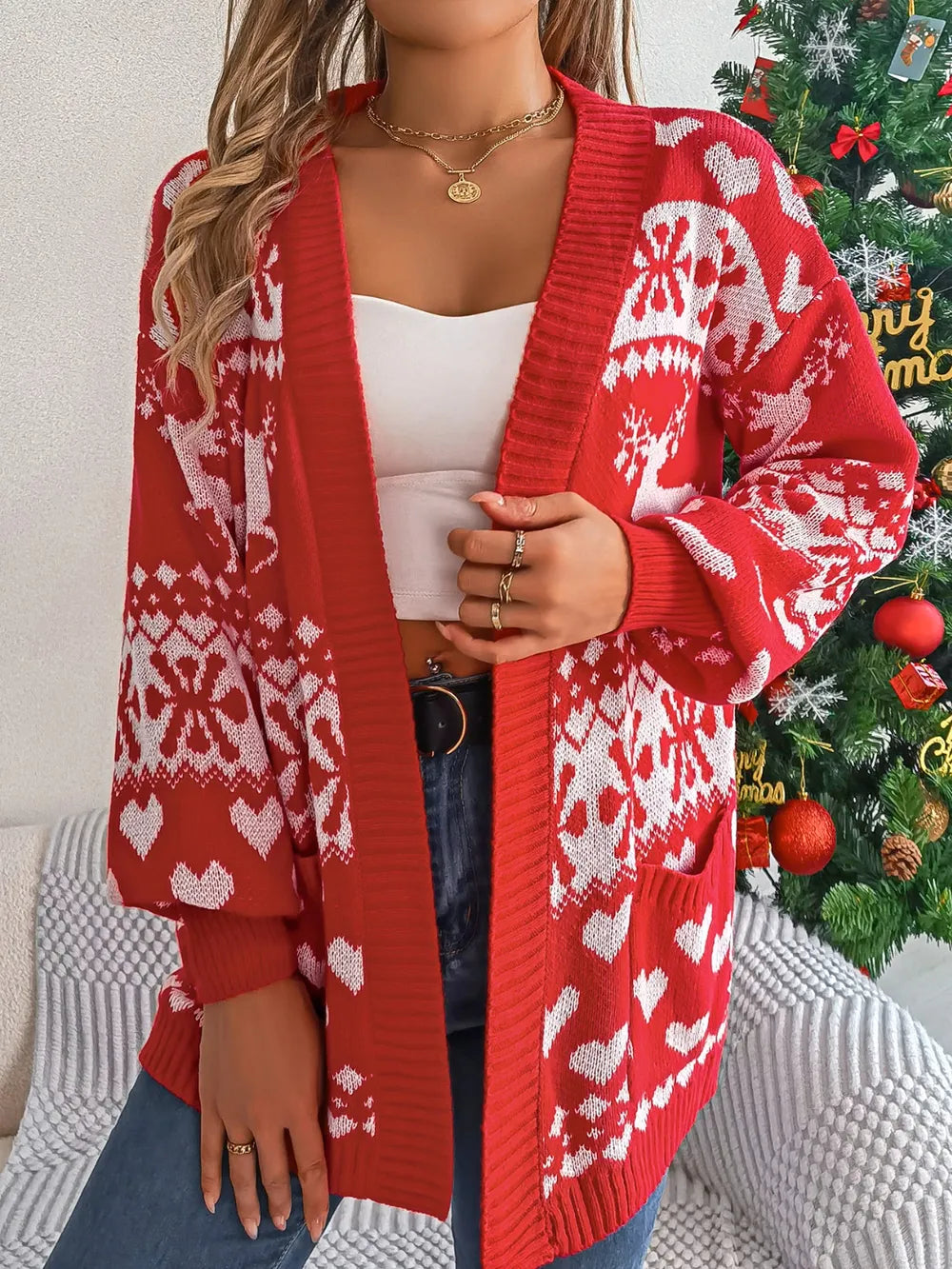 Pocketed Open Front Long Sleeve Cardigan Deep Red - Fashorio
