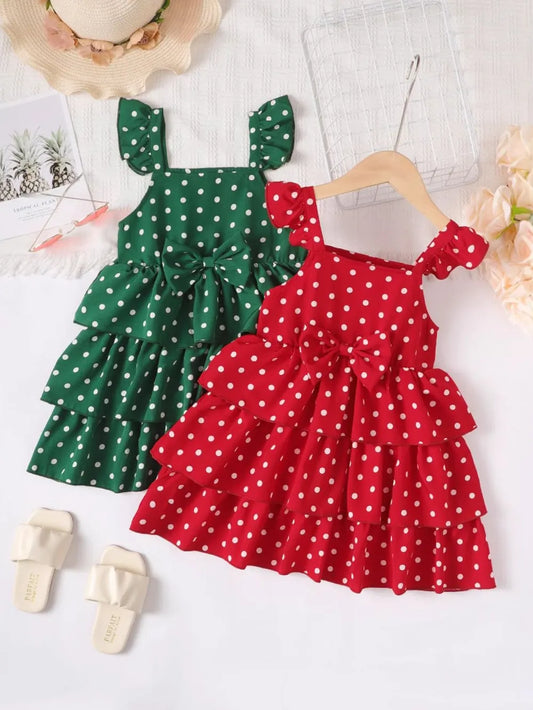 Bow Polka Dot Square Neck Layered Dress Scarlet - Fashorio