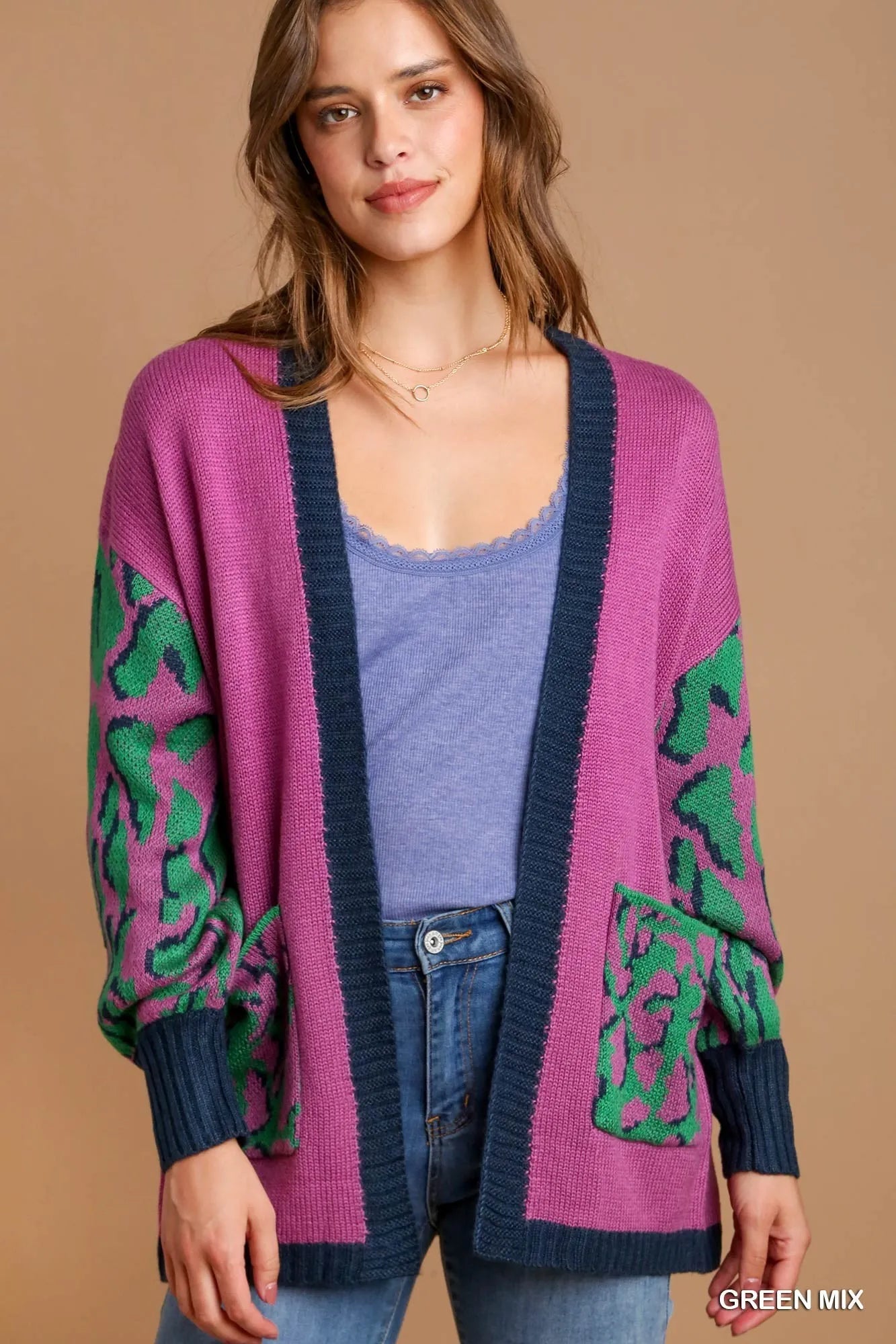 Umgee Animal Print Open Front Sweater Cardigan GREEN MIX - Fashorio