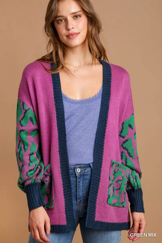 Umgee Animal Print Open Front Sweater Cardigan GREEN MIX - Fashorio