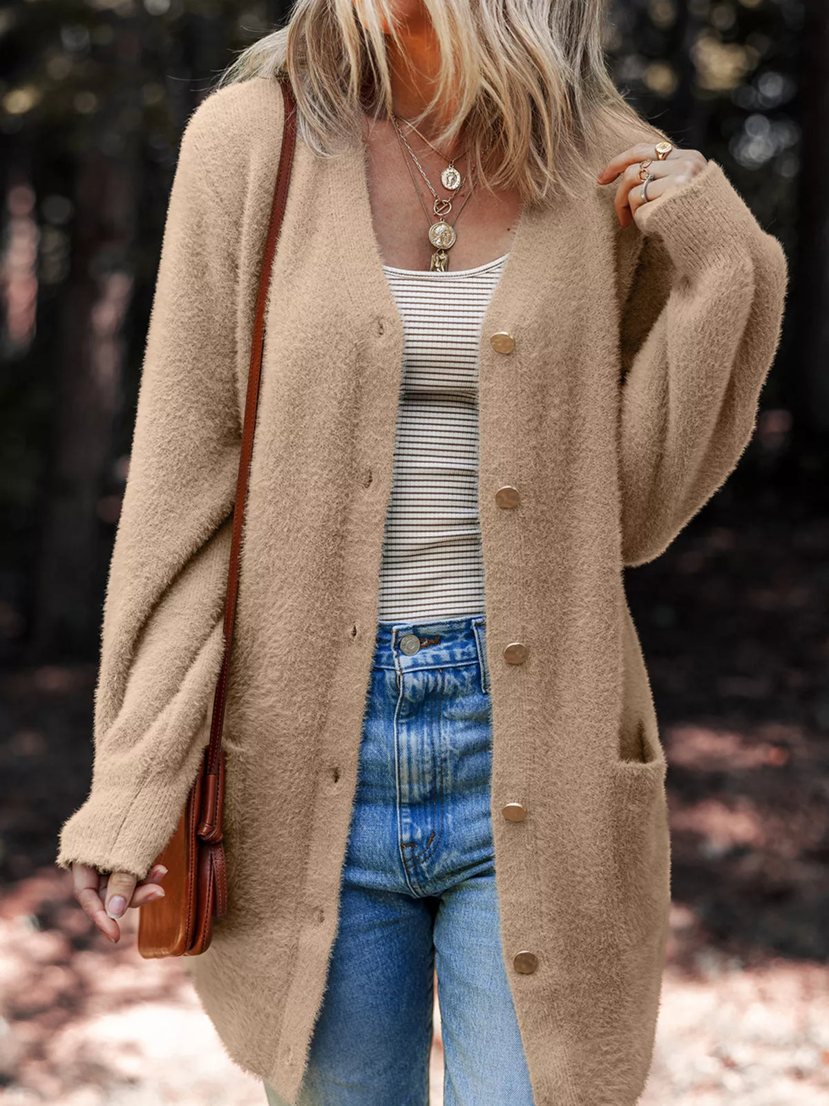 Camel cardigan button and pocket detail