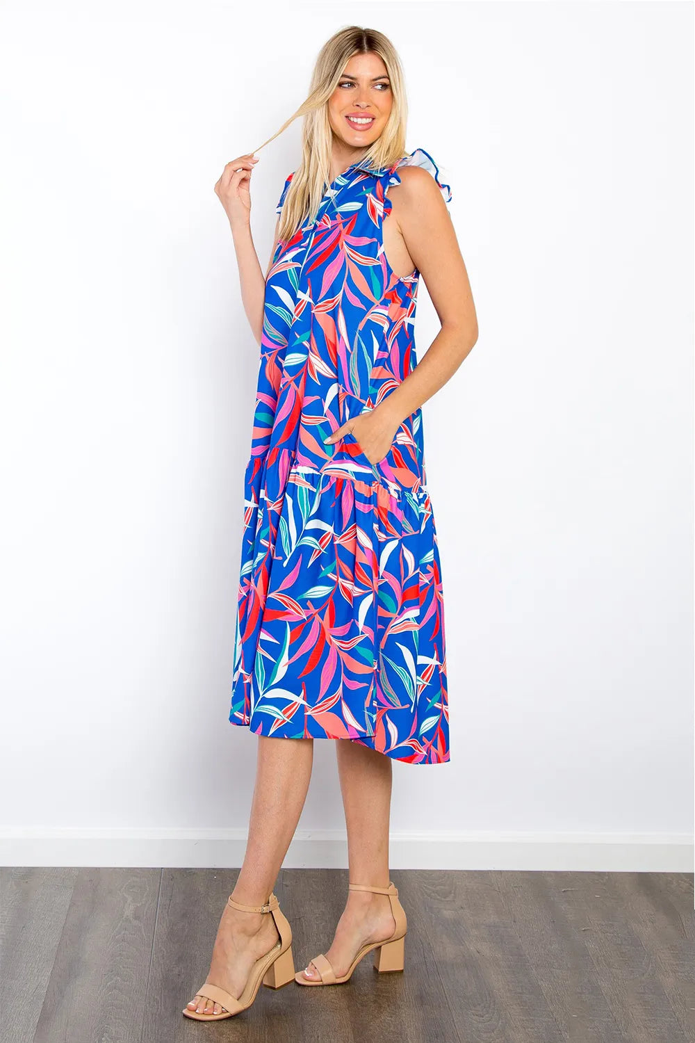 Print Ruffled Midi Dress with Pockets side view
