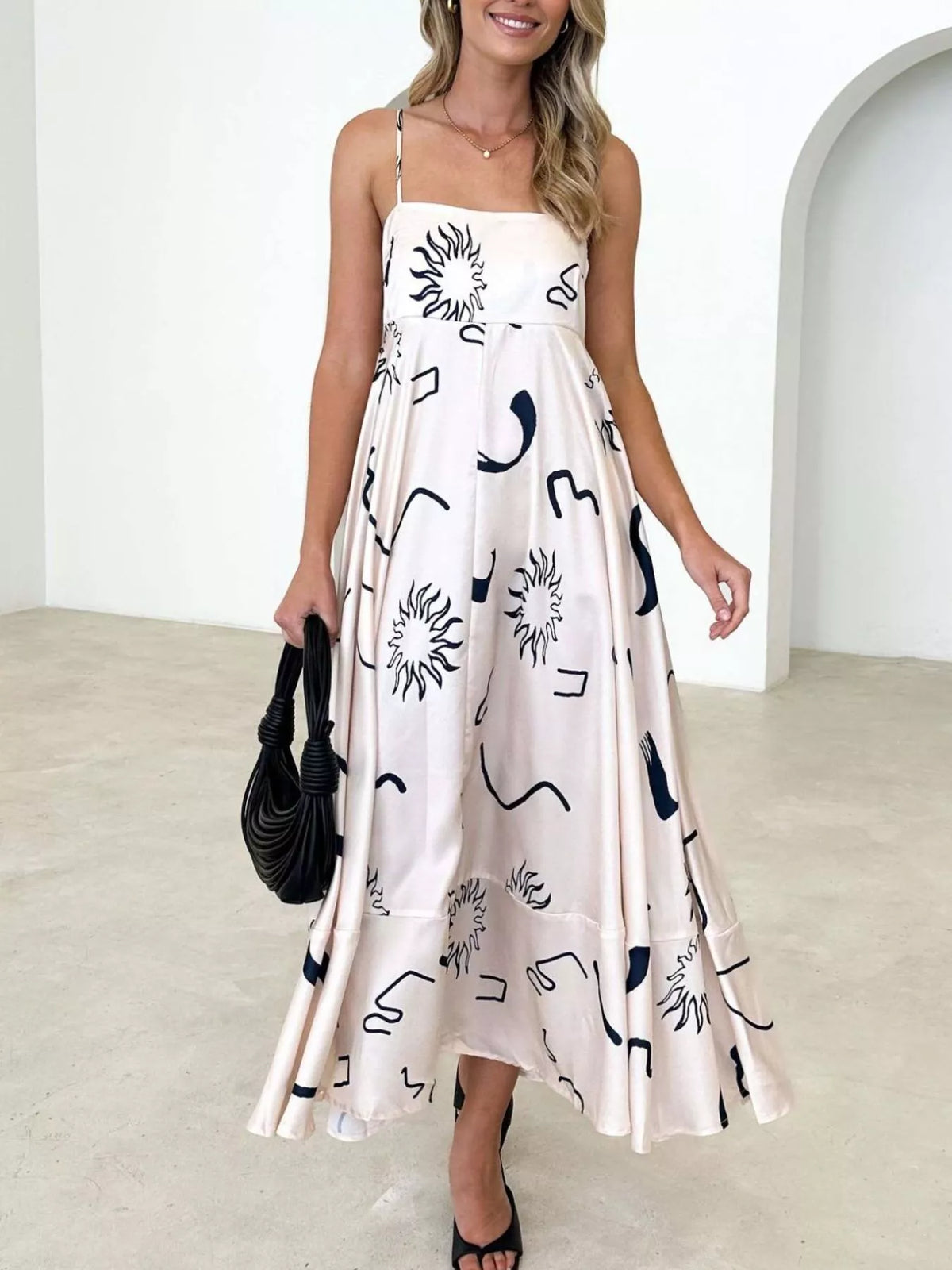 printed spaghetti strap maxi dress back view