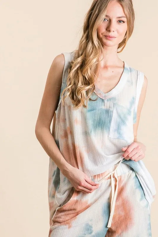 BiBi Tie Dye Textured Knit Top and Shorts Set - Fashorio