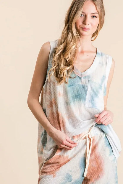 BiBi Tie Dye Textured Knit Top and Shorts Set - Fashorio