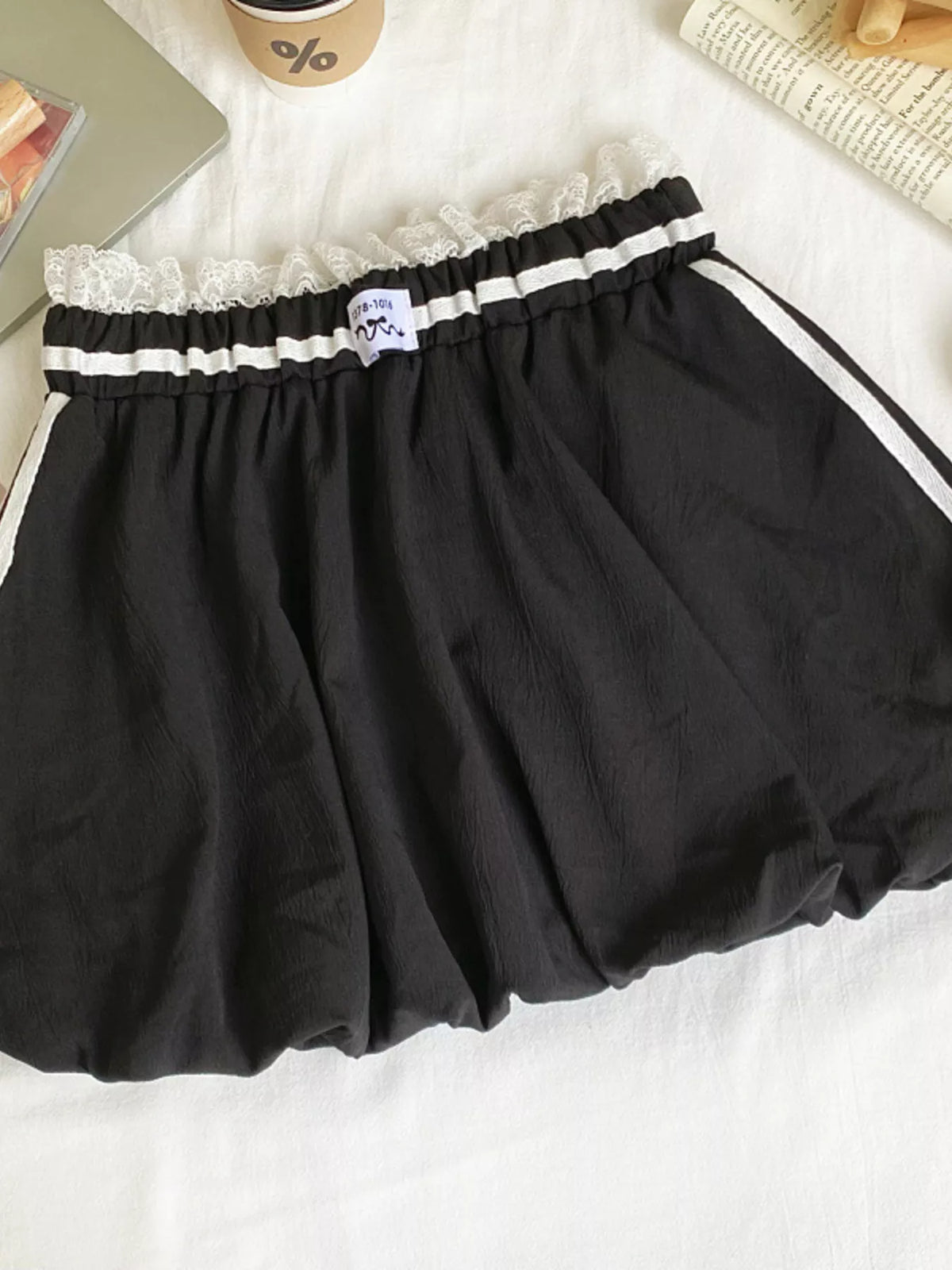 Lace trim elastic waist mini skirt on model