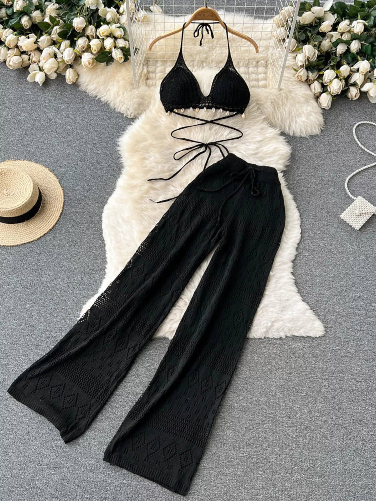 Crochet halter top and wide leg pants two piece set
