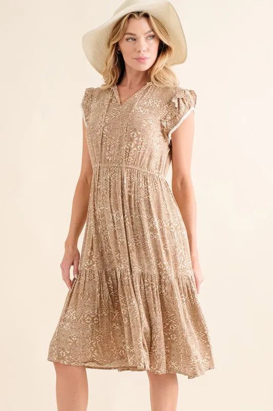Boho printed tiered maxi dress in taupe front view