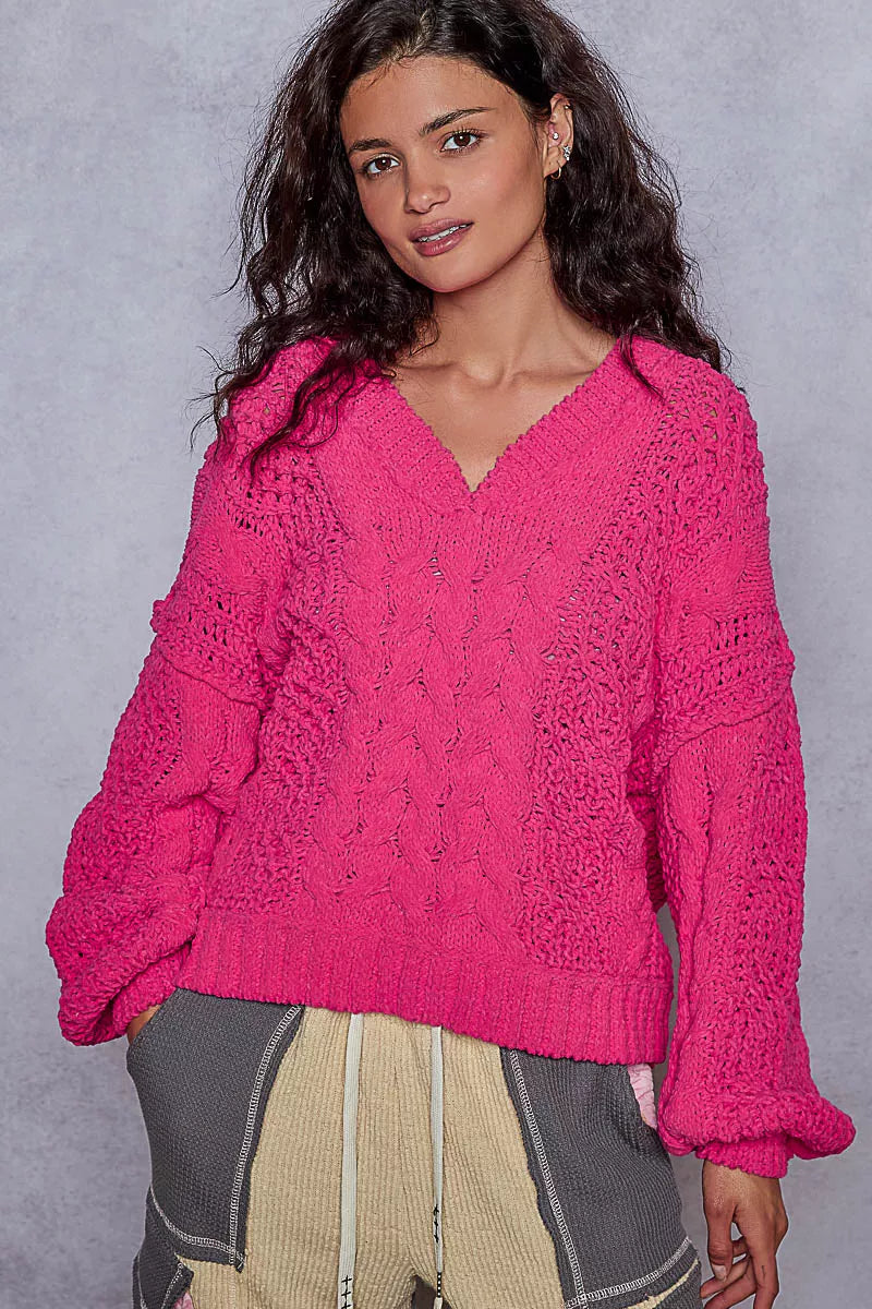 Cable Knit Cropped V Neck Sweater in Fuchsia view 8