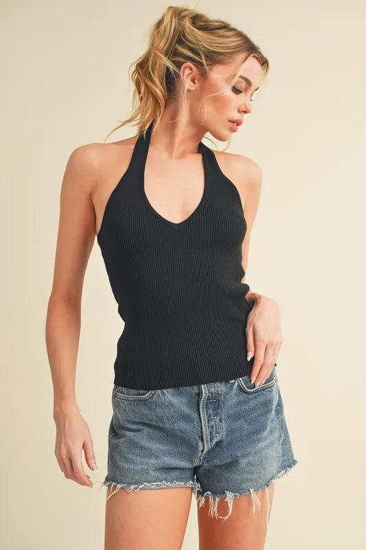Black ribbed halter cami neckline detail