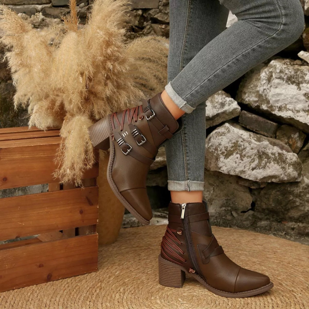 Point Toe Buckle Strap Ankle Boots with Block Heel heel detail