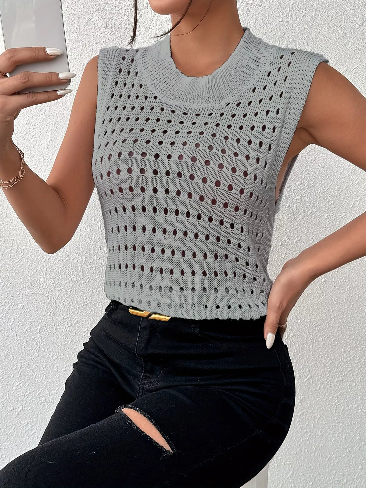 Openwork round neck knit tank knit texture close up